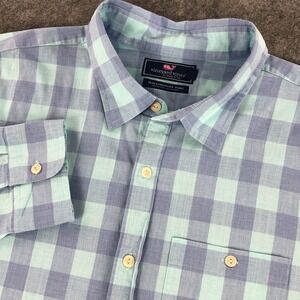 Vineyard Vines Men Button Up Shirt XL Blue Teal Plaid Slim Longshore Long Sleeve